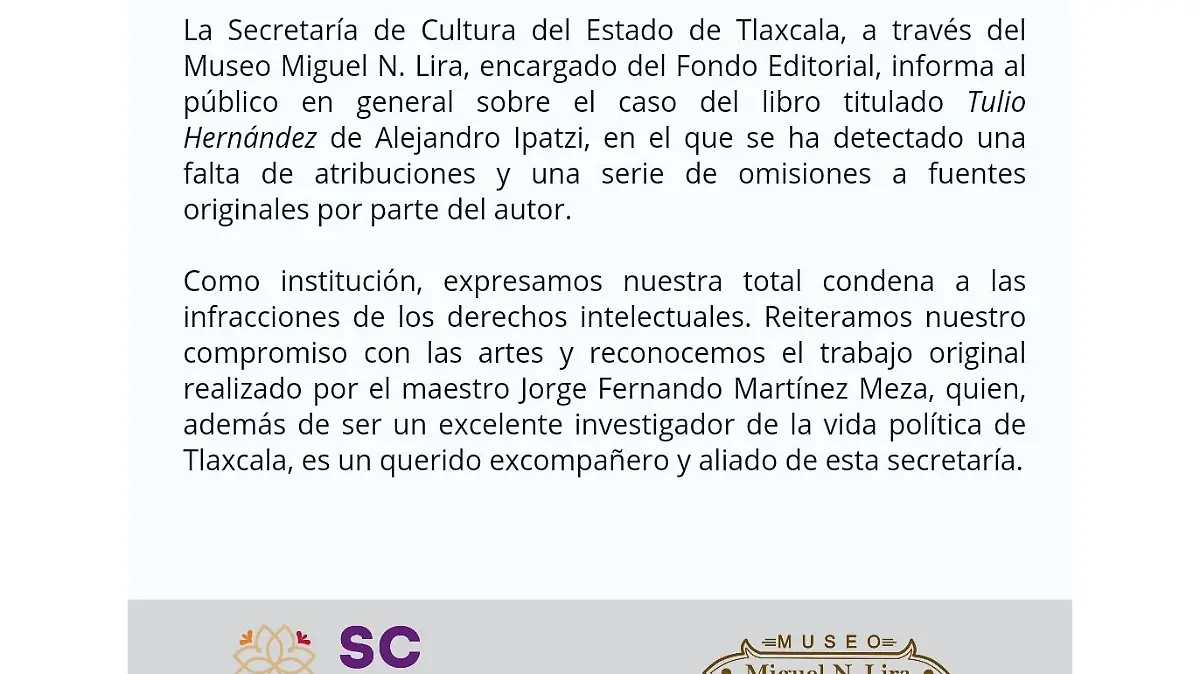 comunicado secretaría de cultura